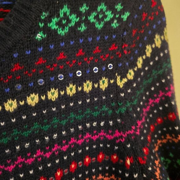 Talbots Fairisle Navy Colorful Subtle Sequined Crewneck Cardigan Sweater Size Mp - Picture 3 of 5